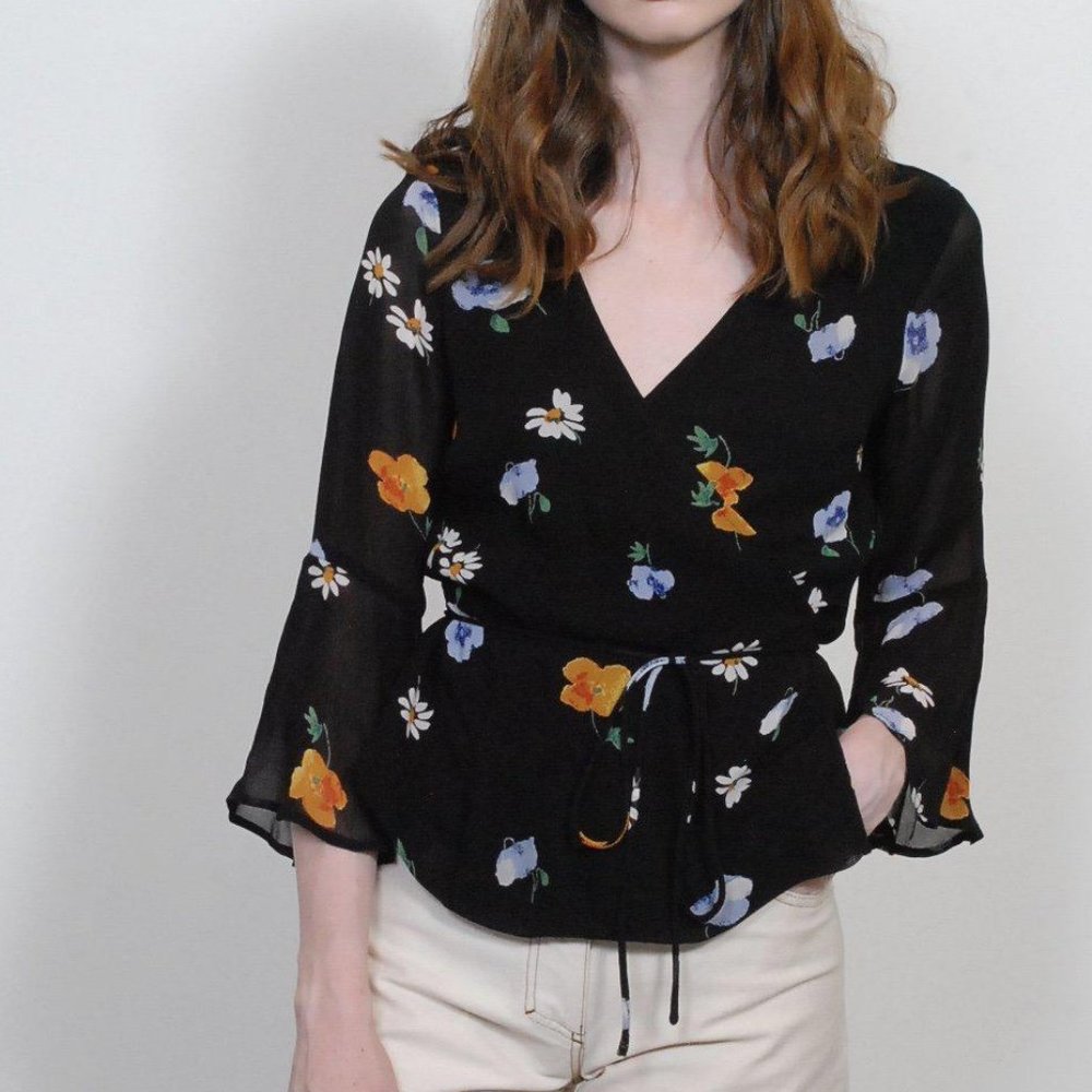 Ganni Black Floral Wrap Blouse with Yellow & Blue Flowers